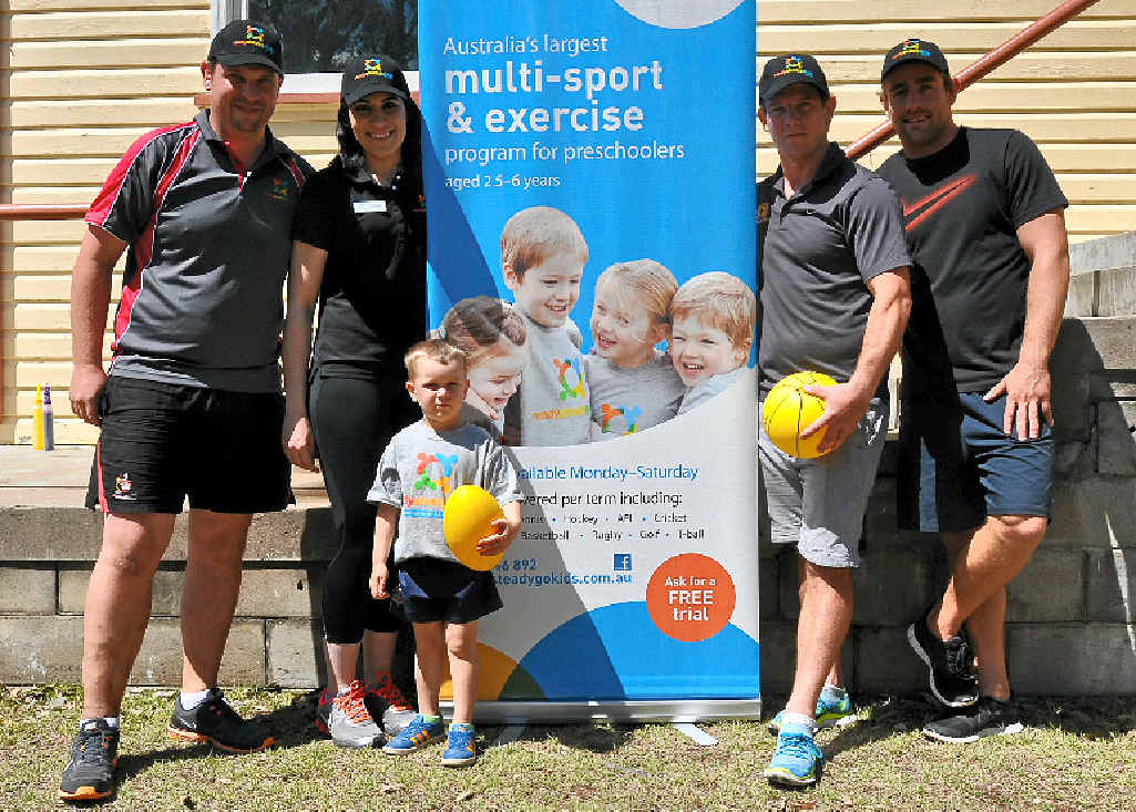 ON YOUR MARKS: Ready Steady Go Kids owners Andrew and Cherish Sullivan with Kye Williams, Ben Sullivan and Brisbane Broncos hooker Andrew McCullough at the program’s sign-on day. ON YOUR MARKS: Ready Steady Go Kids owners Andrew and Cherish Sullivan with Kye Williams, Ben Sullivan and Brisbane Broncos hooker Andrew McCullough at the program’s sign-on day.